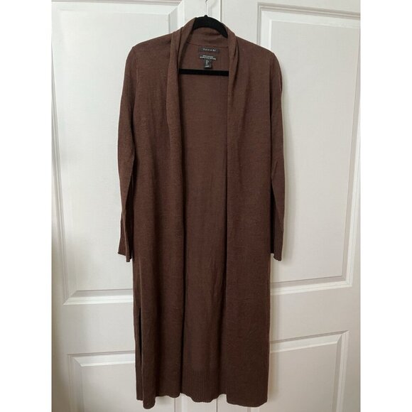 Tahari Cardigan Womens S Chocolate Brown Merino Wool Blend Open Long Line Knit - Picture 1 of 9